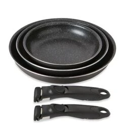 Lot 3 Poêles Anti-adhésives Effet Pierre Et 2 Manches Amovibles